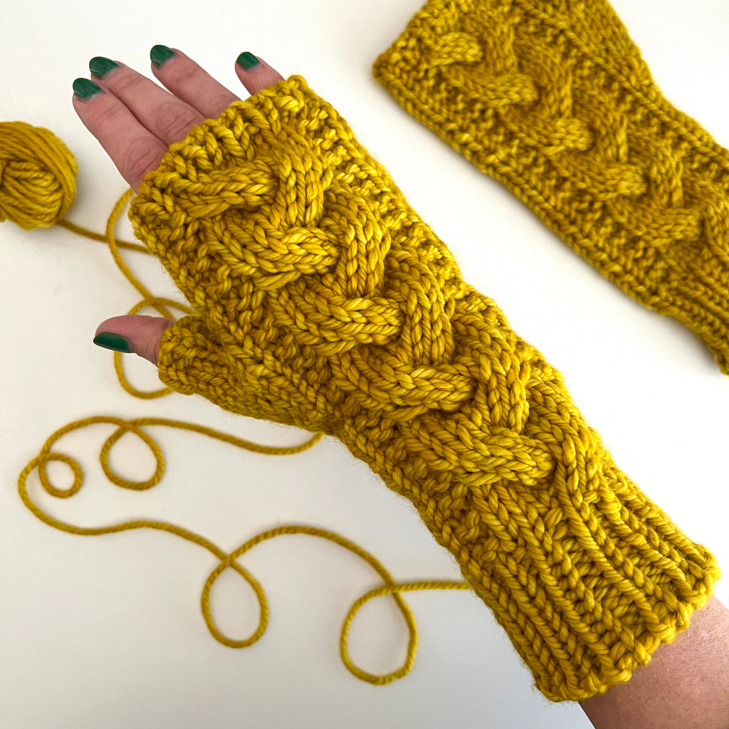 trinity fingerless gloves knitting pattern malabrigo chunky yarn frank ochre from three birds yarn studio